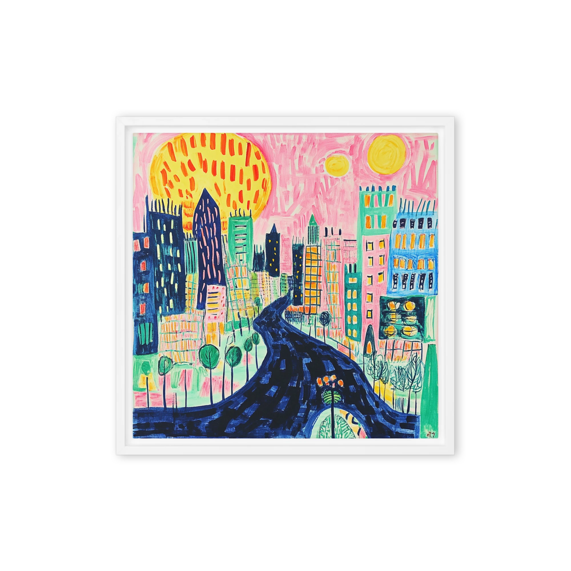 Colorful Cityscape with Sun