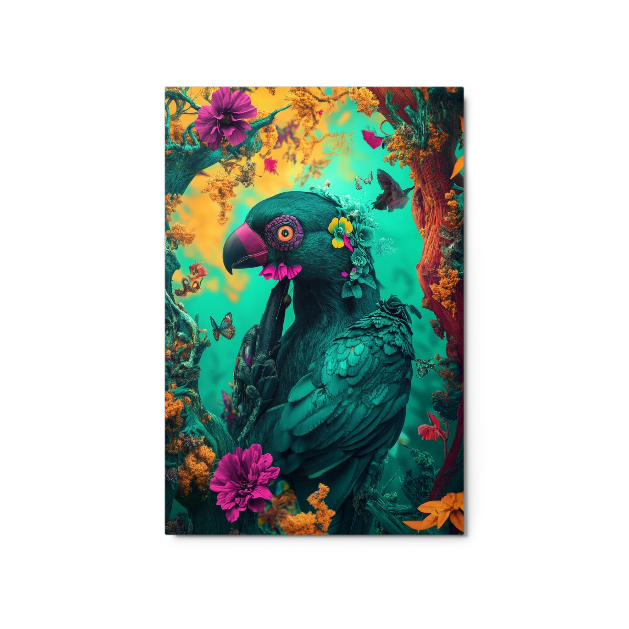 Surreal Parrot with Flowers and Butterflies