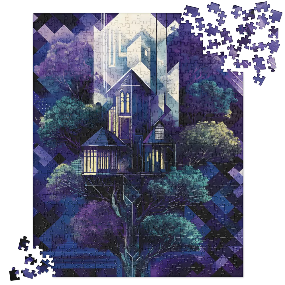 Geometric Fantasy Tree Houses 
 Jigsaw Puzzle in Tin Box