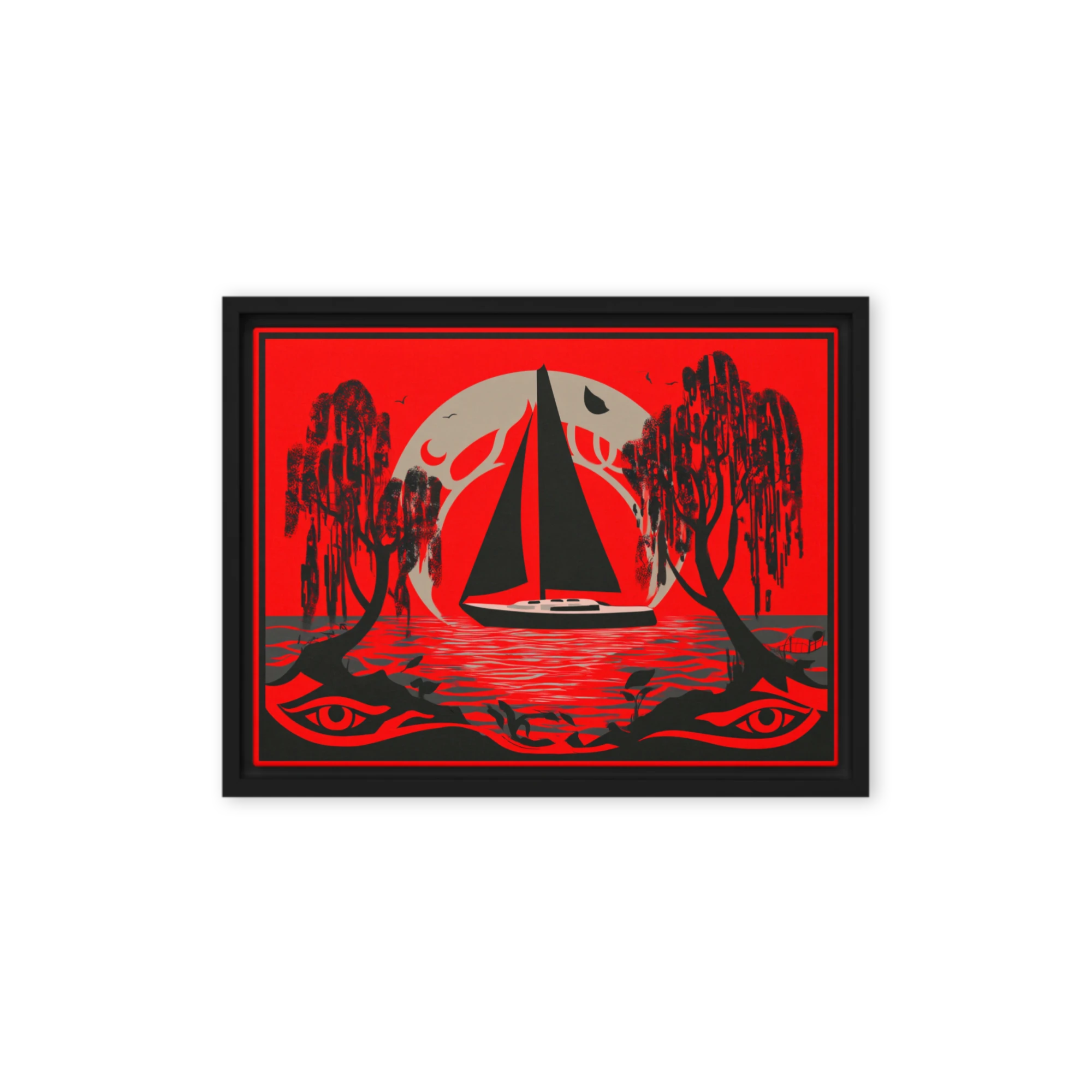 River Towns Under A Red Sun — Black Silhouettes, Grey Sky