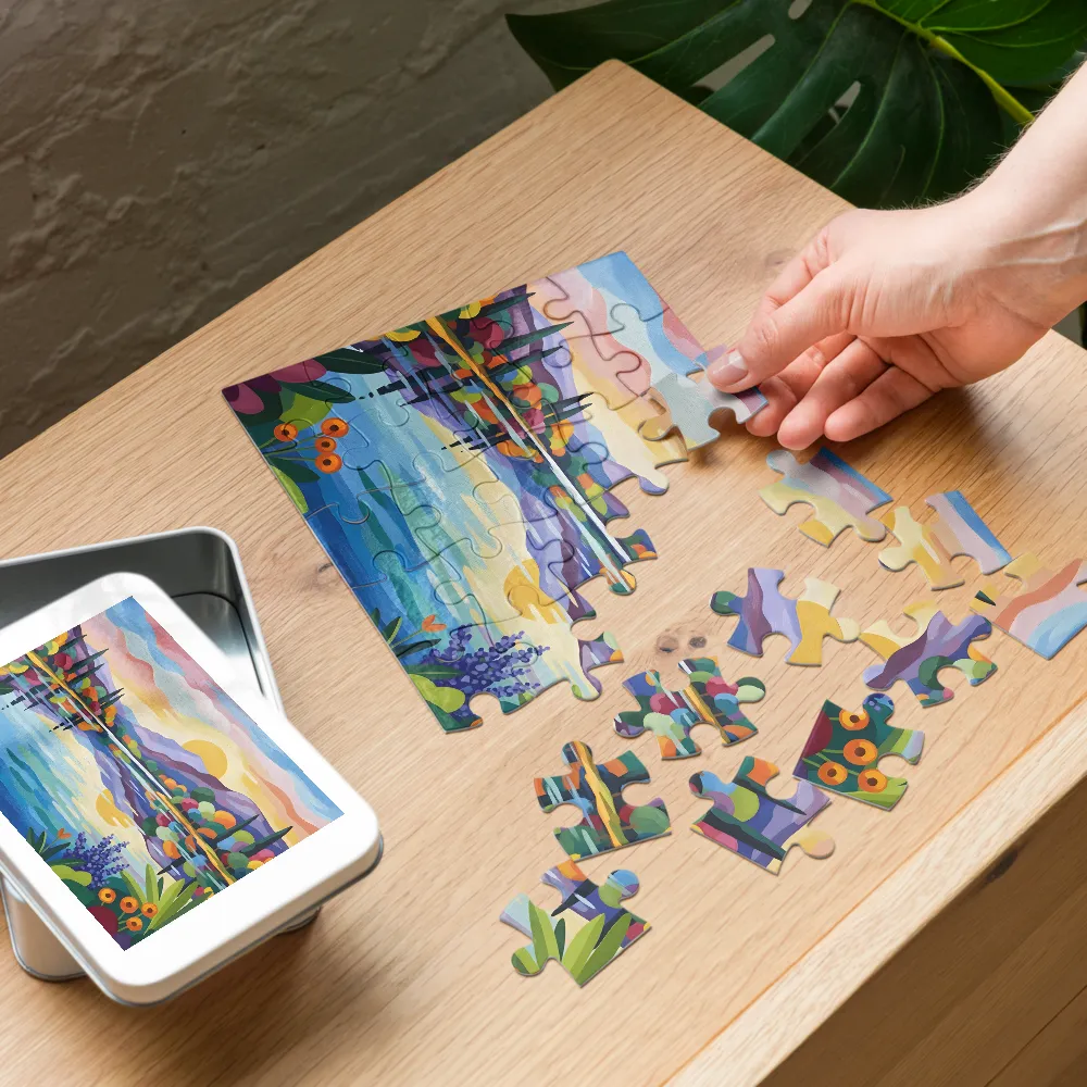 Vibrant Lakeside Serenity 
 Jigsaw Puzzle in Tin Box