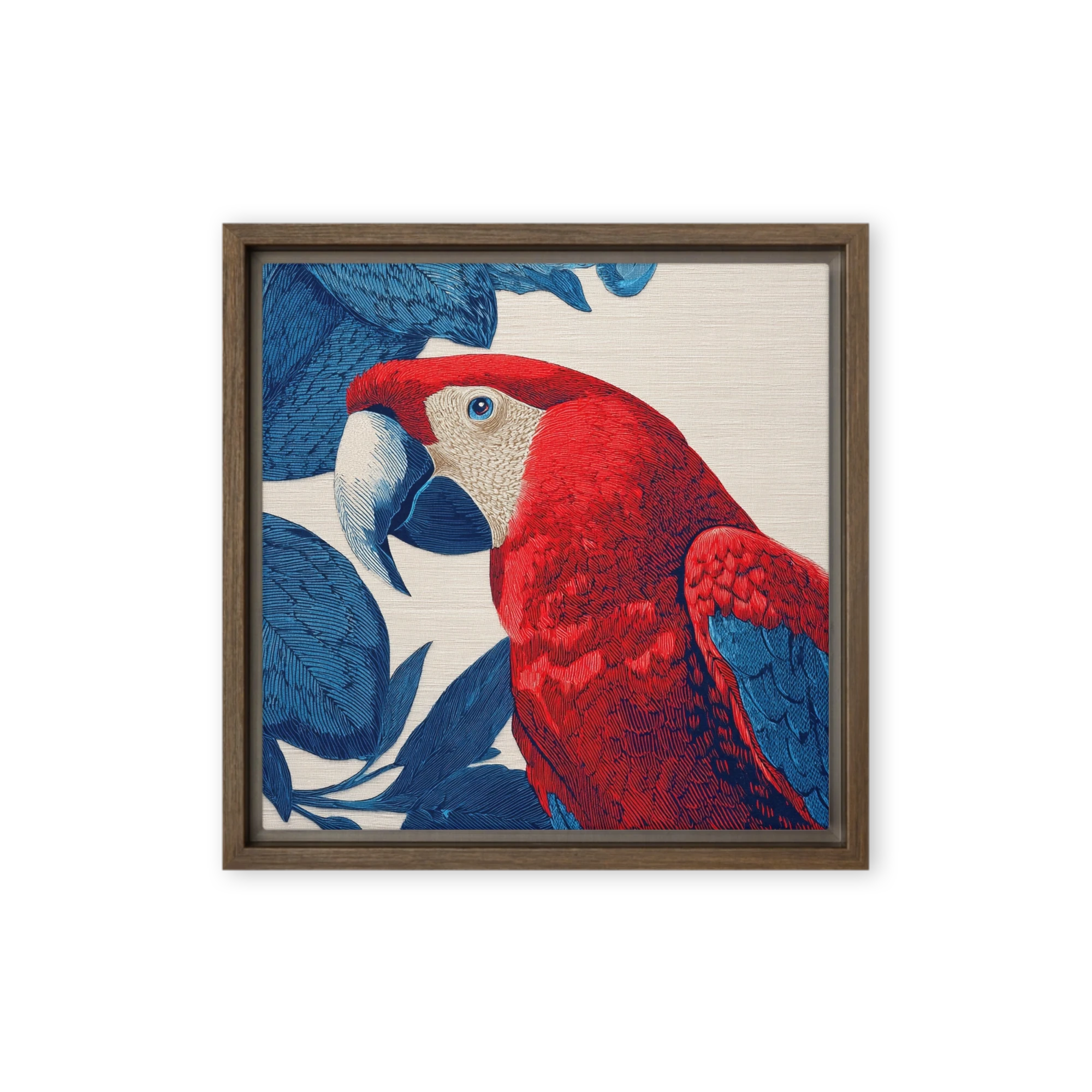 Crimson Macaw and Blue Leaves | Art Print