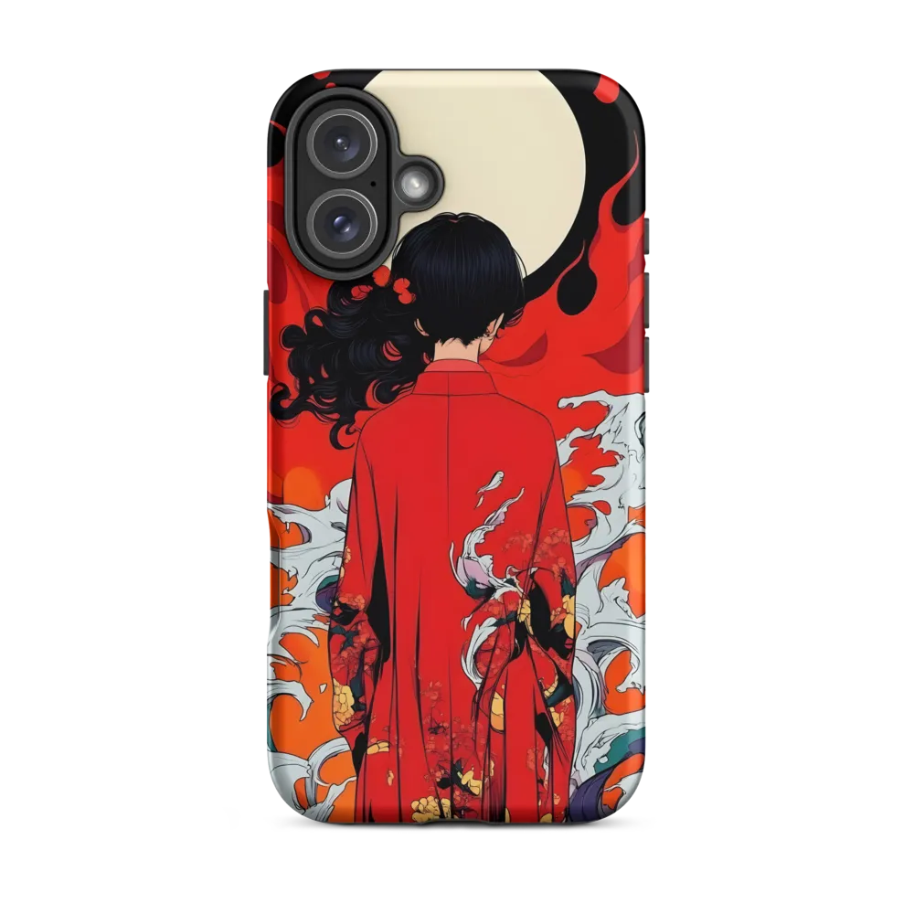 Female Figure in Kimono with Moon and Waves | Phone Case