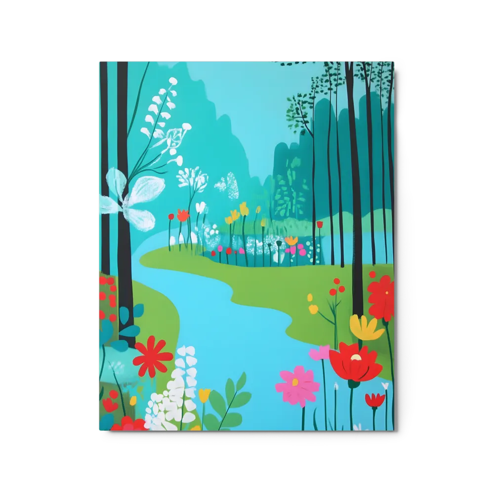 Stylized River Landscape with Colorful Flowers