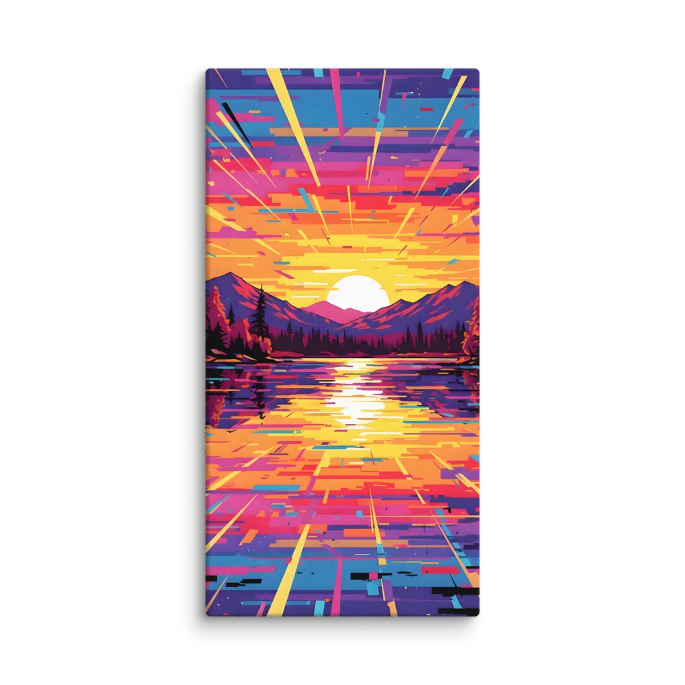 Vibrant Glitch Sunset Over Lake 
 Canvas | 12″x 24″