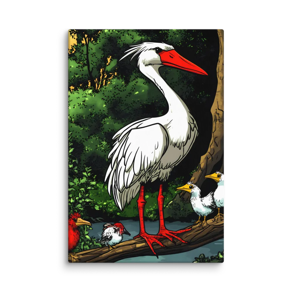Riverbank Stork Family 
 Canvas with White Frame