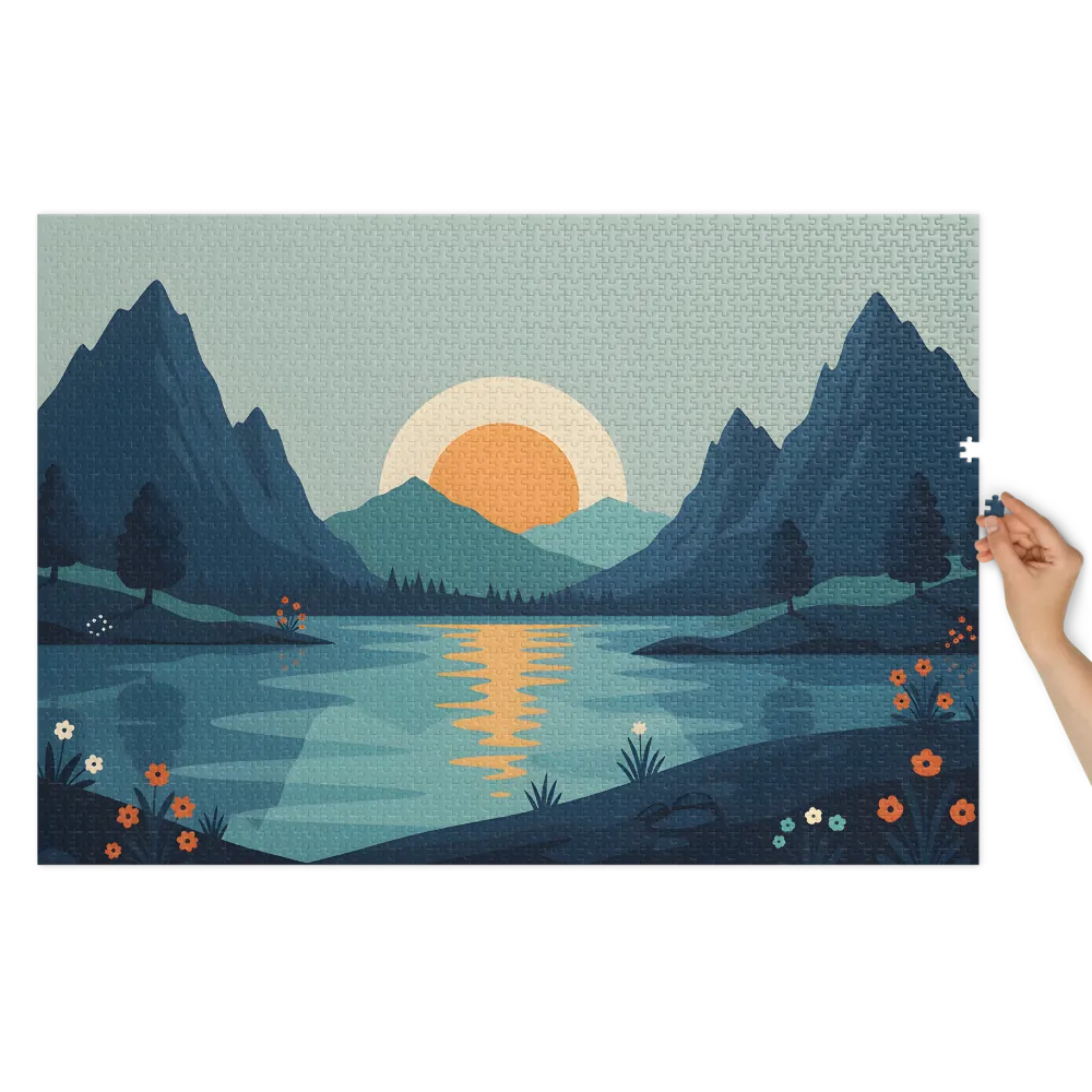 Sunset Over Mountain Lake 
 Jigsaw Puzzle in Tin Box