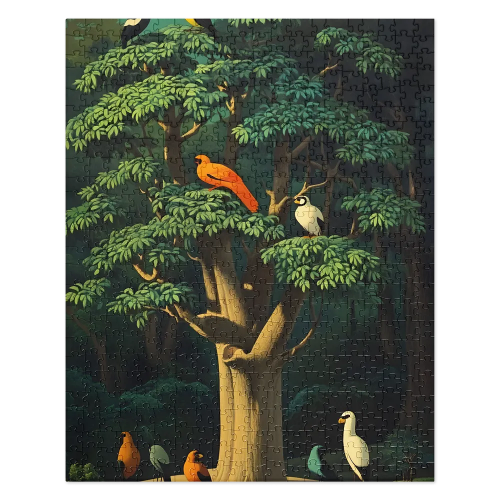Stylized Birds in Lush Forest 
 Jigsaw Puzzle in Tin Box