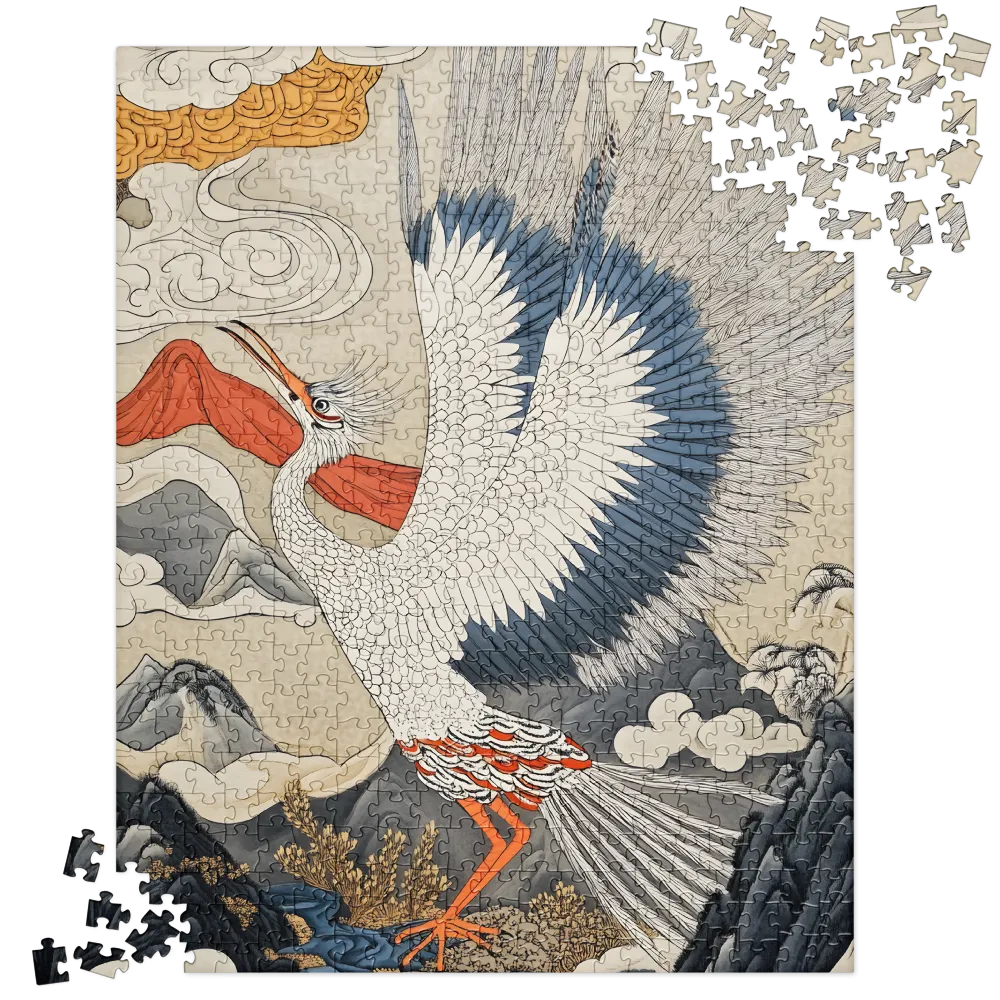 Soaring Crane in Ukiyo-e Landscape 
 Jigsaw Puzzle in Tin Box