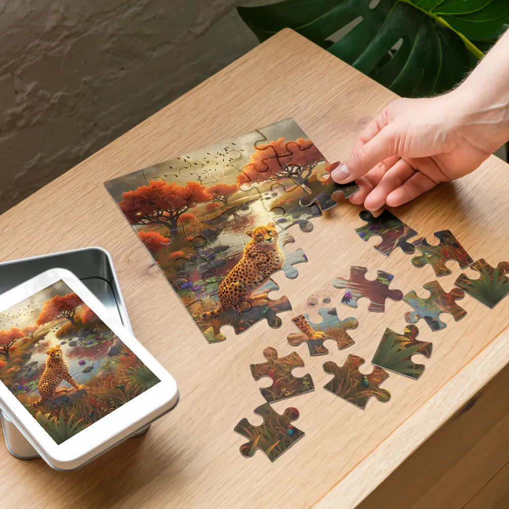 Cheetah at the Autumn River 
 Jigsaw Puzzle in Tin Box