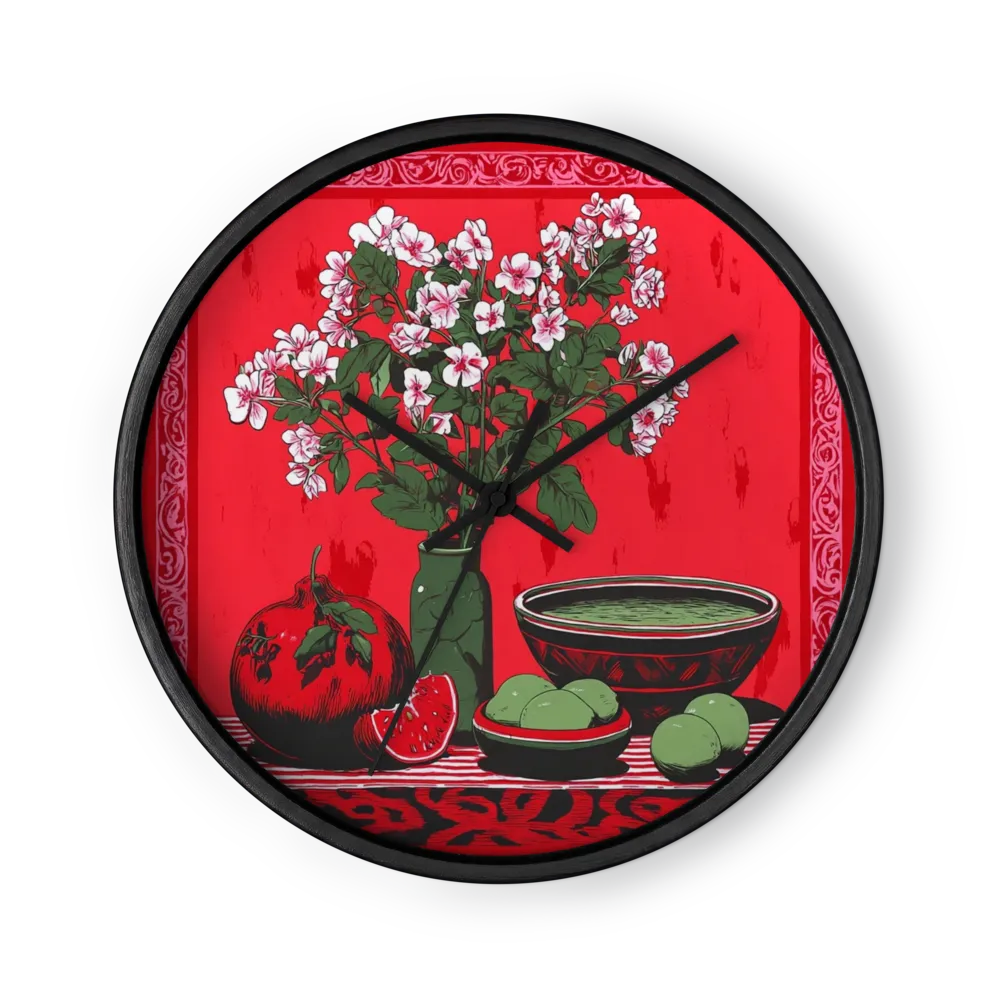 Red Still Life with Flowers | Wall Clock