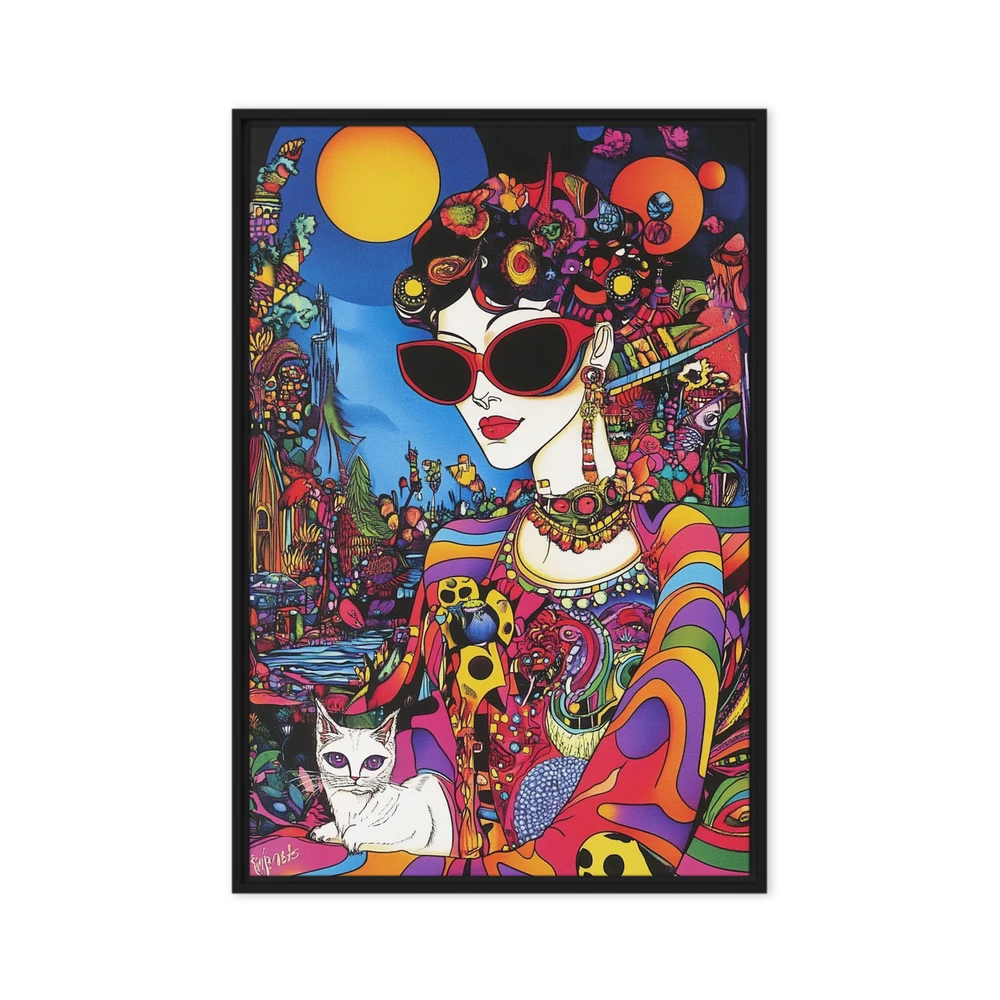 Psychedelic Dreamscape with Woman and Cat | Art Print