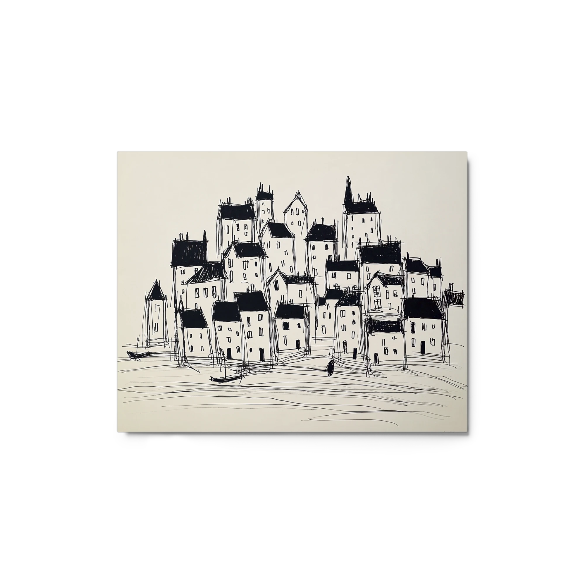 Coastal Village Ink Line Sketch