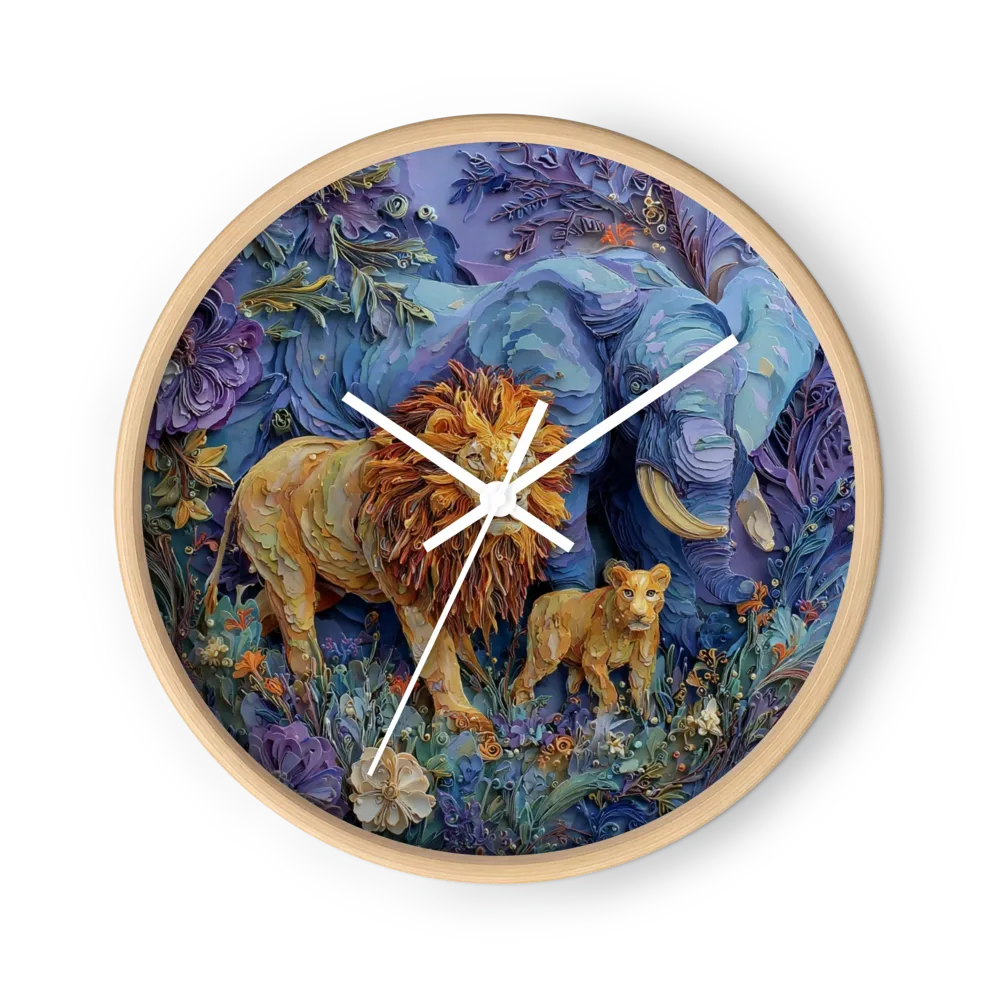 Löwen und Elefant aus Papierkunst | Wanduhr