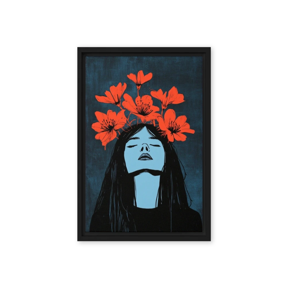 Blue Female Portrait with Red Flowers