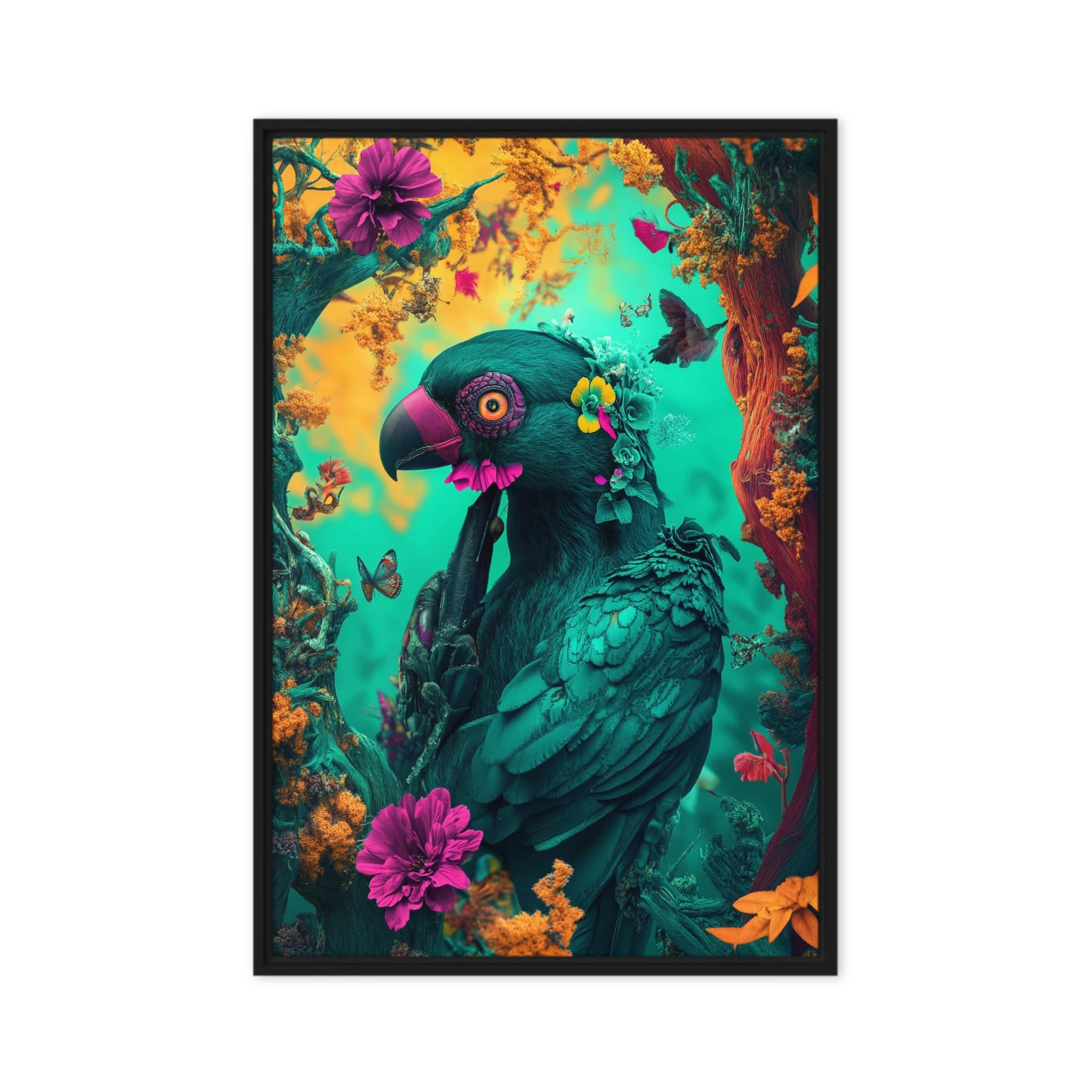 Surreal Parrot with Flowers and Butterflies