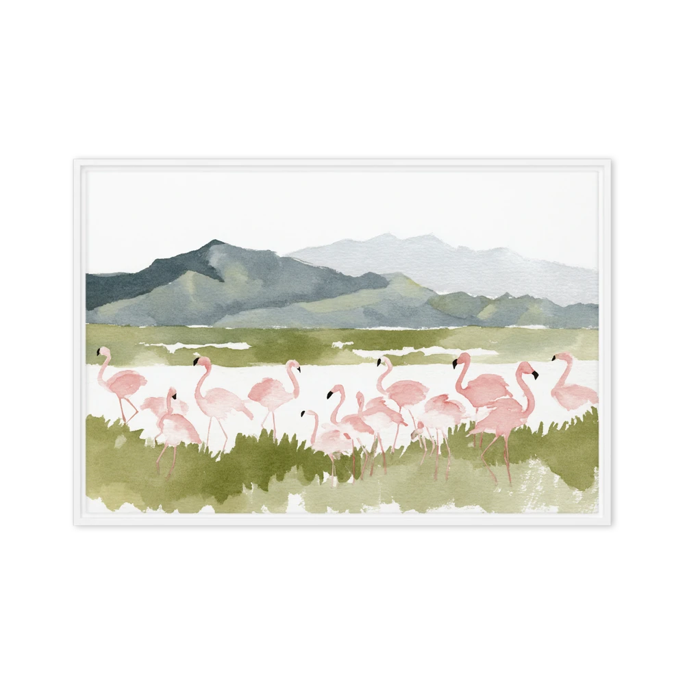 Flamingos by the Mountains | Art Print