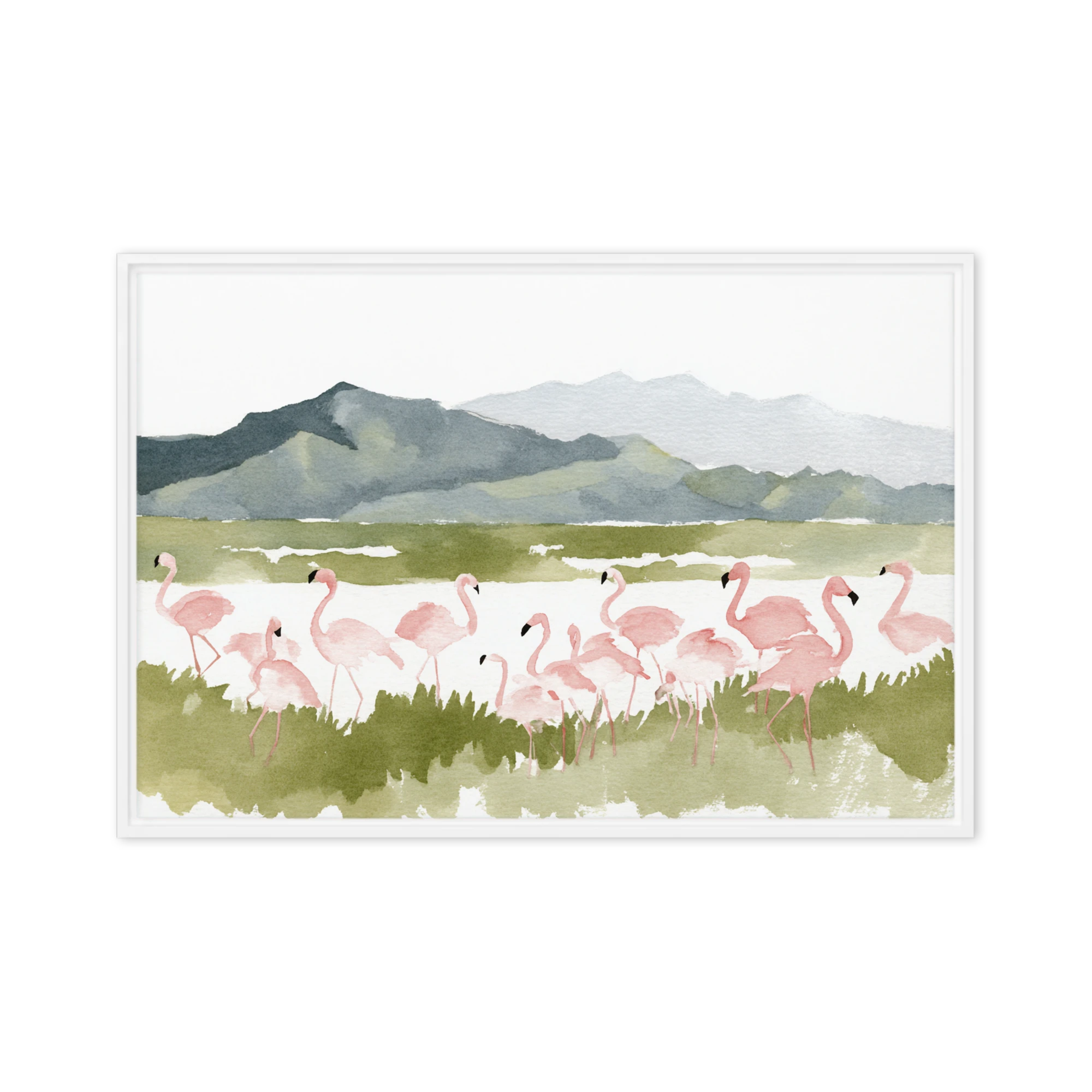 Flamingos by the Mountains | Art Print