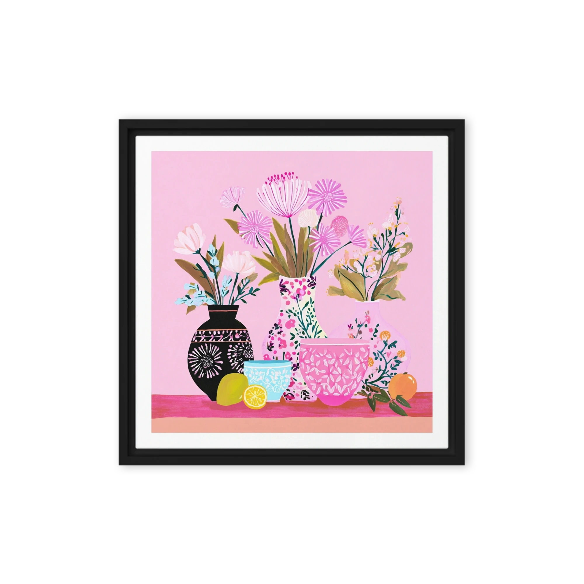 Pink Floral Vases and Citrus Still Life | Art Print