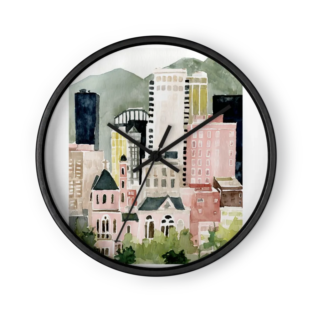 Watercolor City and Mountains | Wall Clock