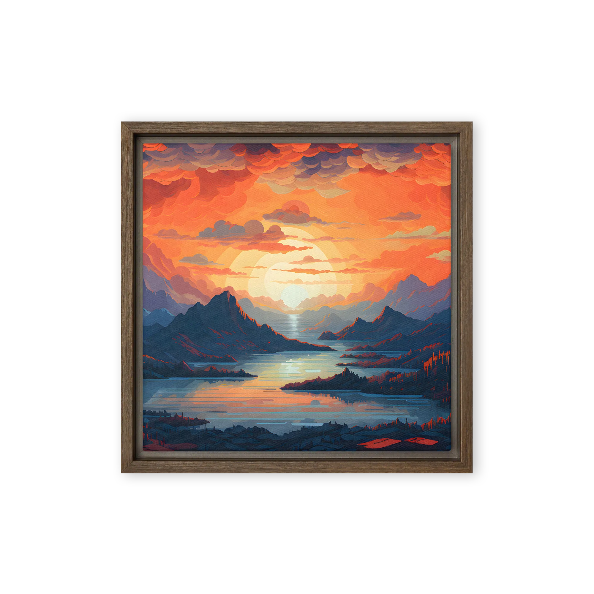 Fiery Sunset Over Mountains 
 Canvas | 14″x 14″
