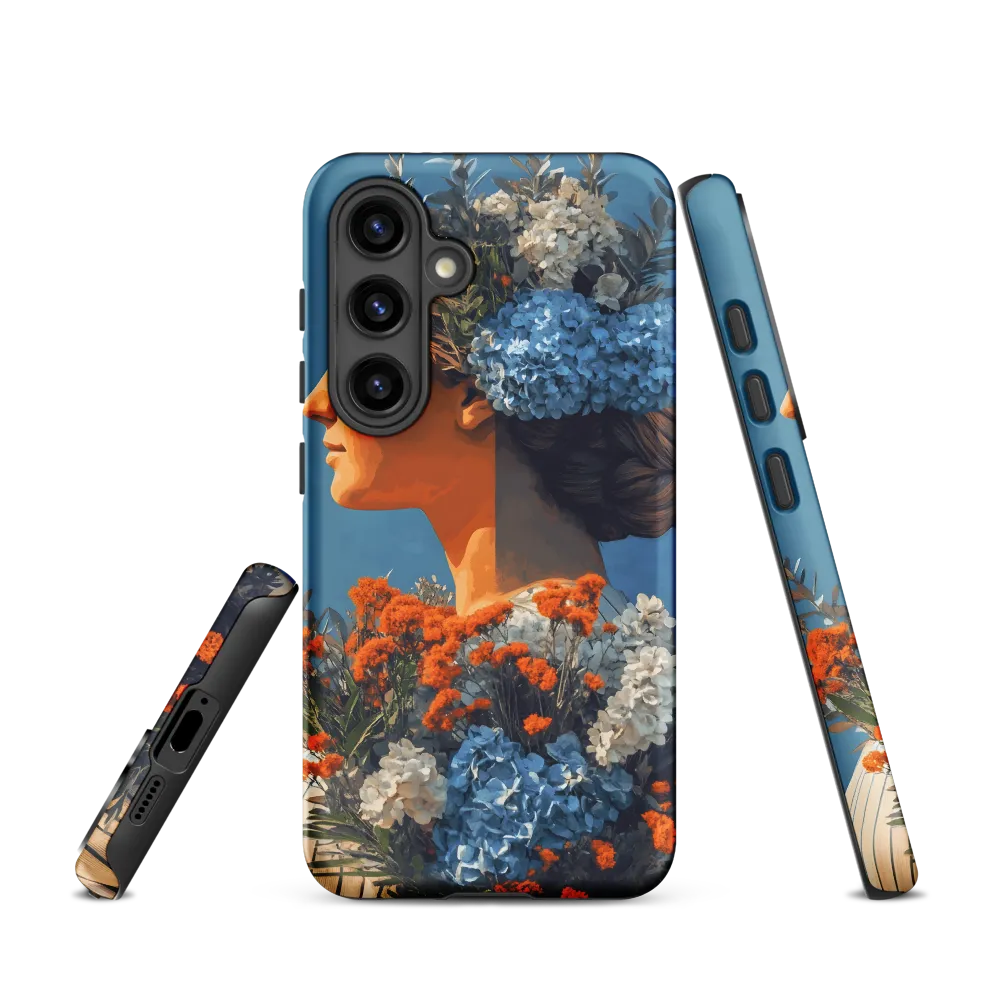 Serene Woman with Blue and Orange Flowers | Phone Case