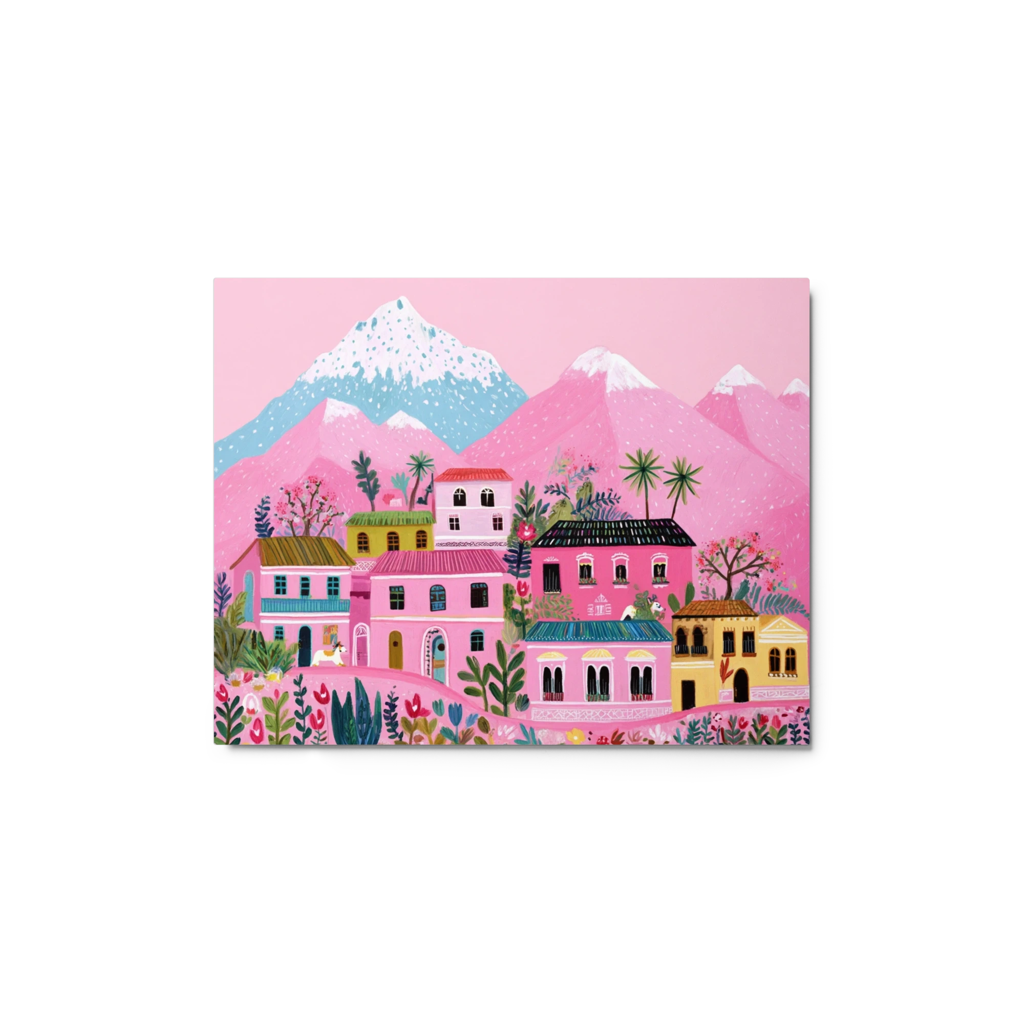 Pink Mountain Village Art Illustration