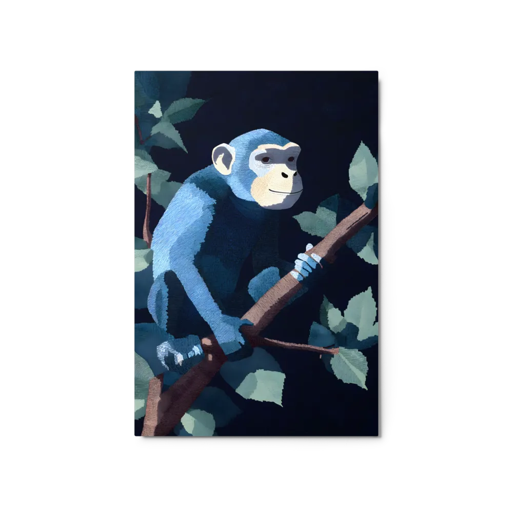 Embroidered Blue Chimpanzee 
 Metal Print | 20″x 30″