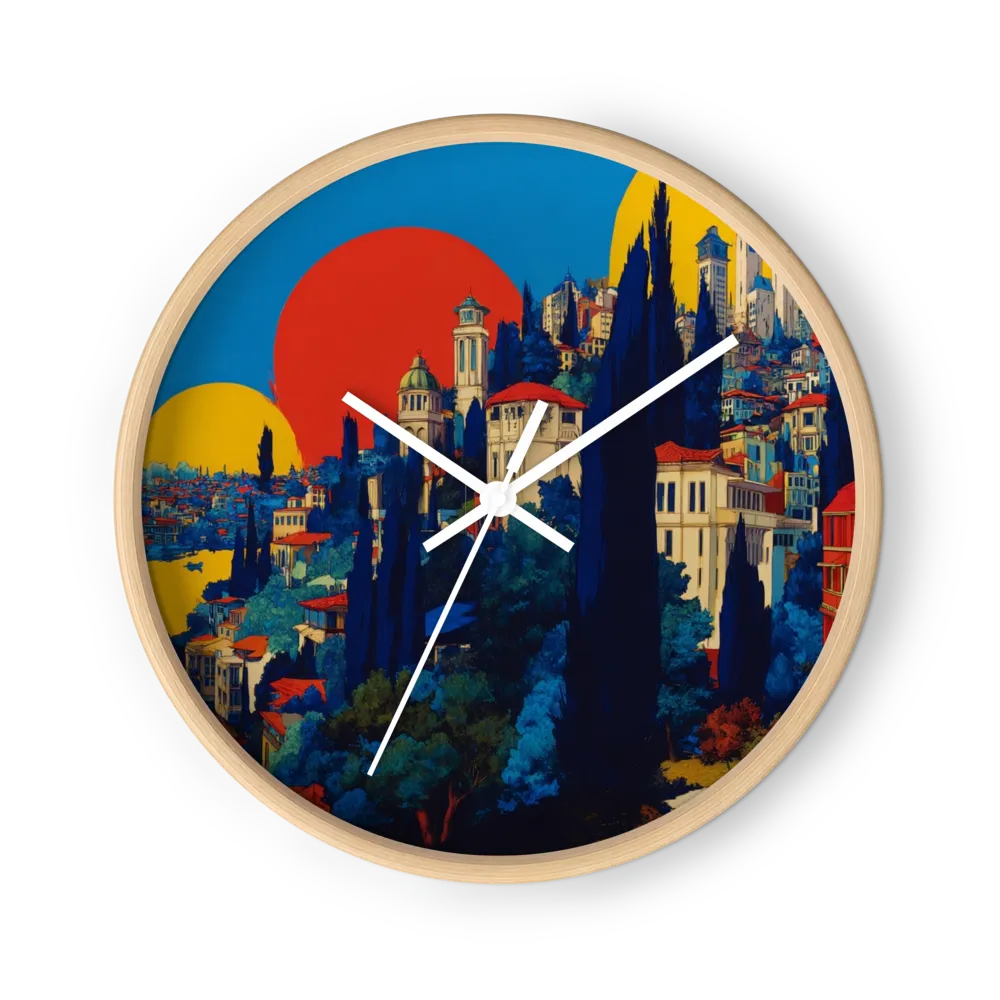 Hill Town Clocks In Poster Colour — Sun-Yellow Skies