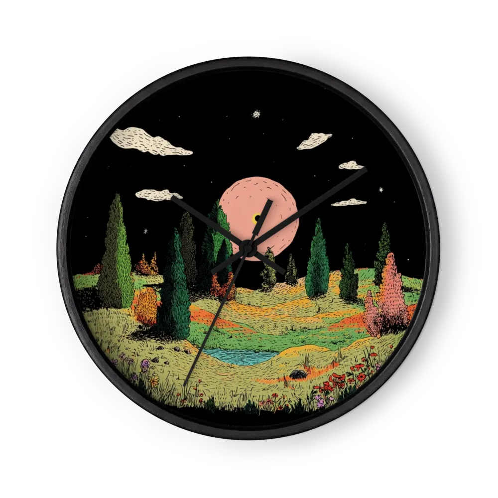 Night Meadow and Pink Sun | Wall Clock