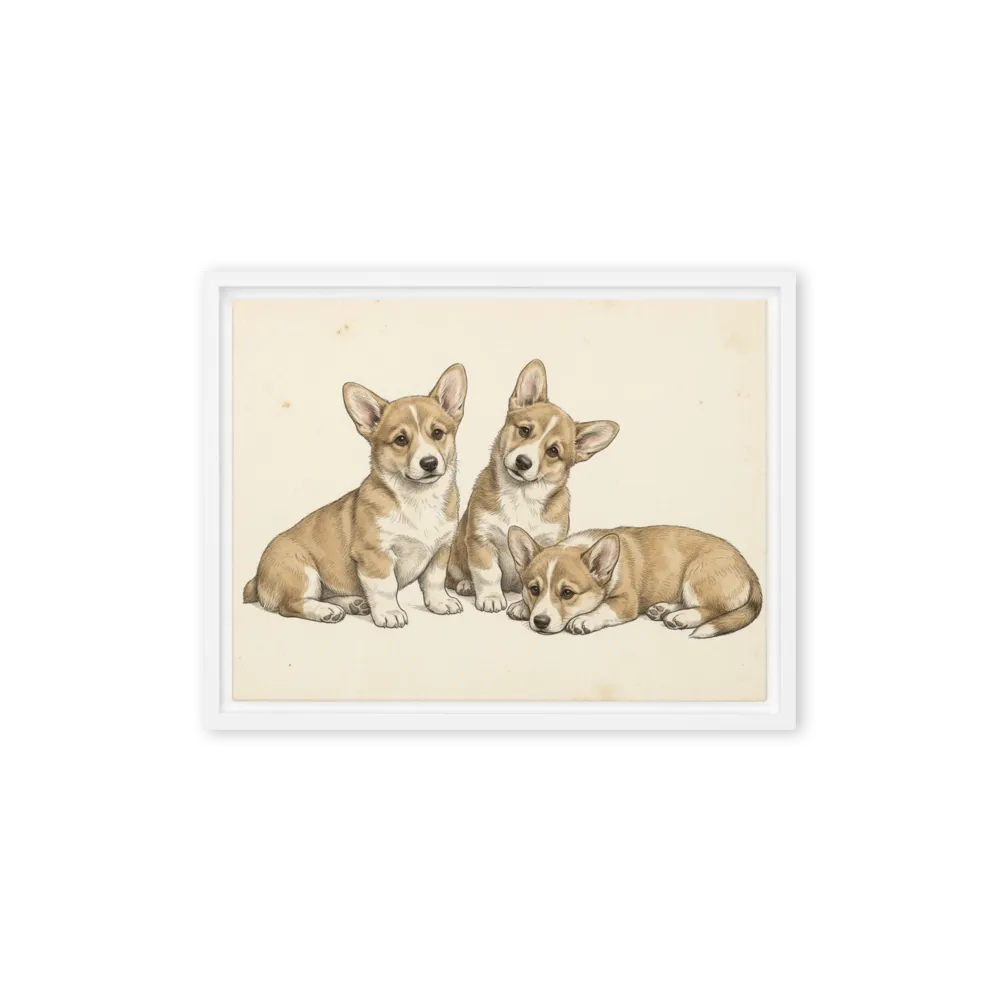 Three Corgi Puppies 
 Canvas with Brown Frame
