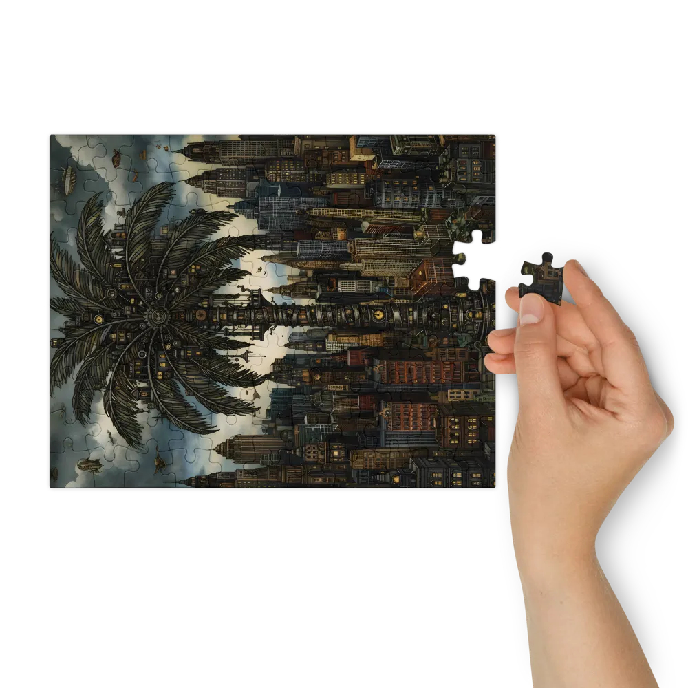 Clockwork Palm Over Metropolis 
 Jigsaw Puzzle in Tin Box