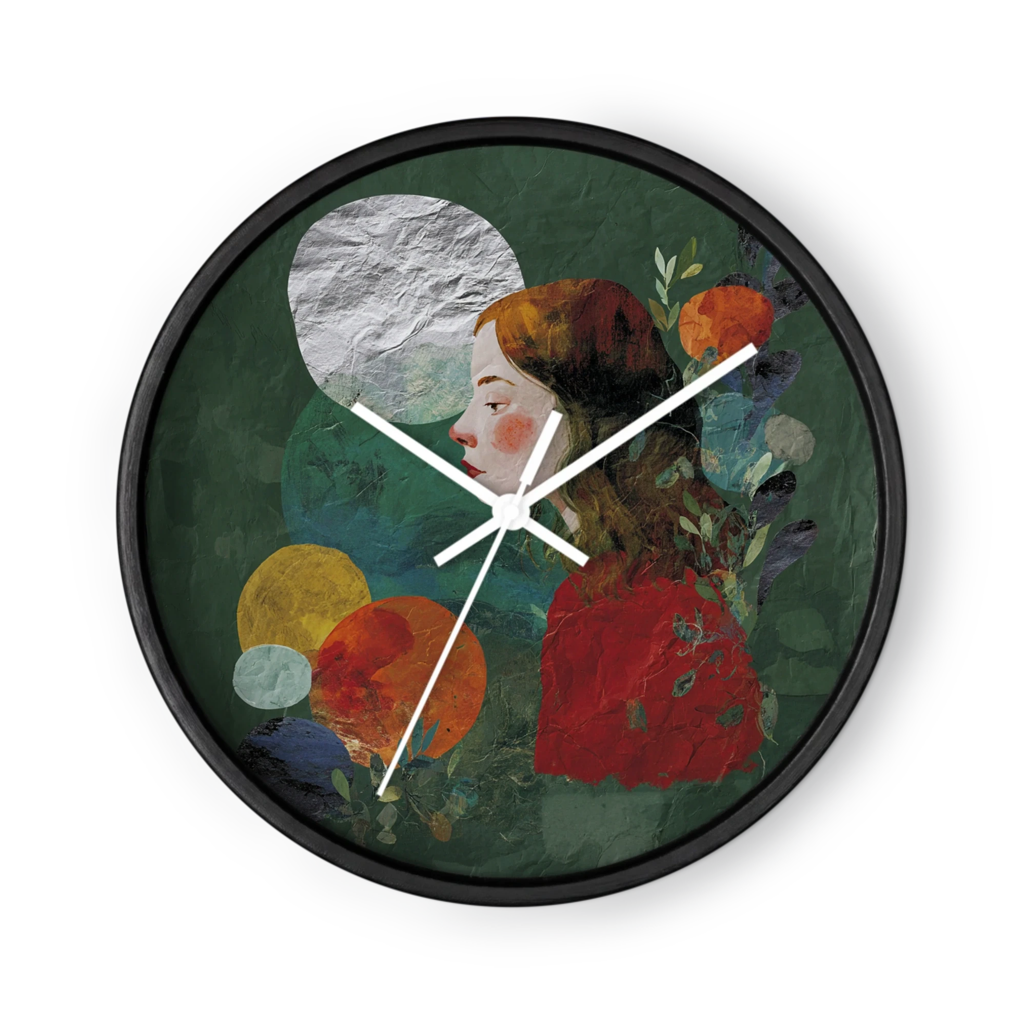 Folk-Infused Paper Collage Wall Clocks — Forest Green And Rust
