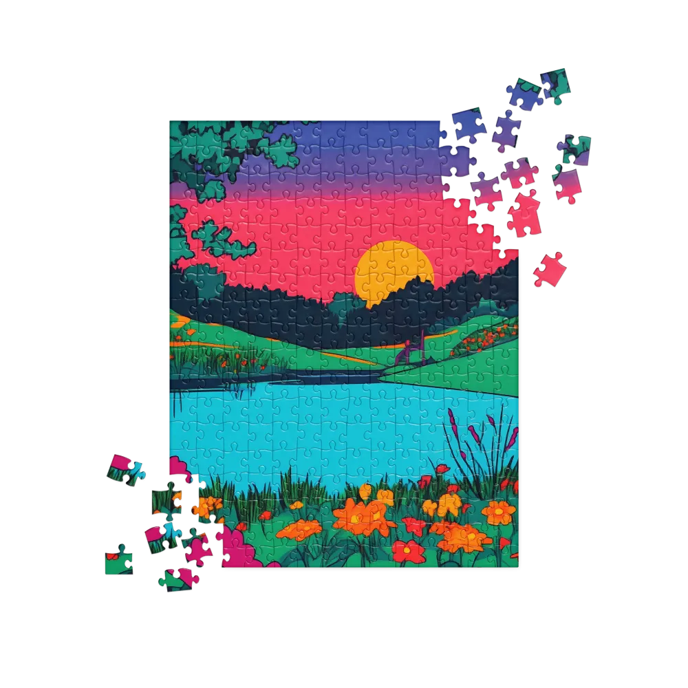 Vivid Sunset Lake 
 Jigsaw Puzzle in Tin Box