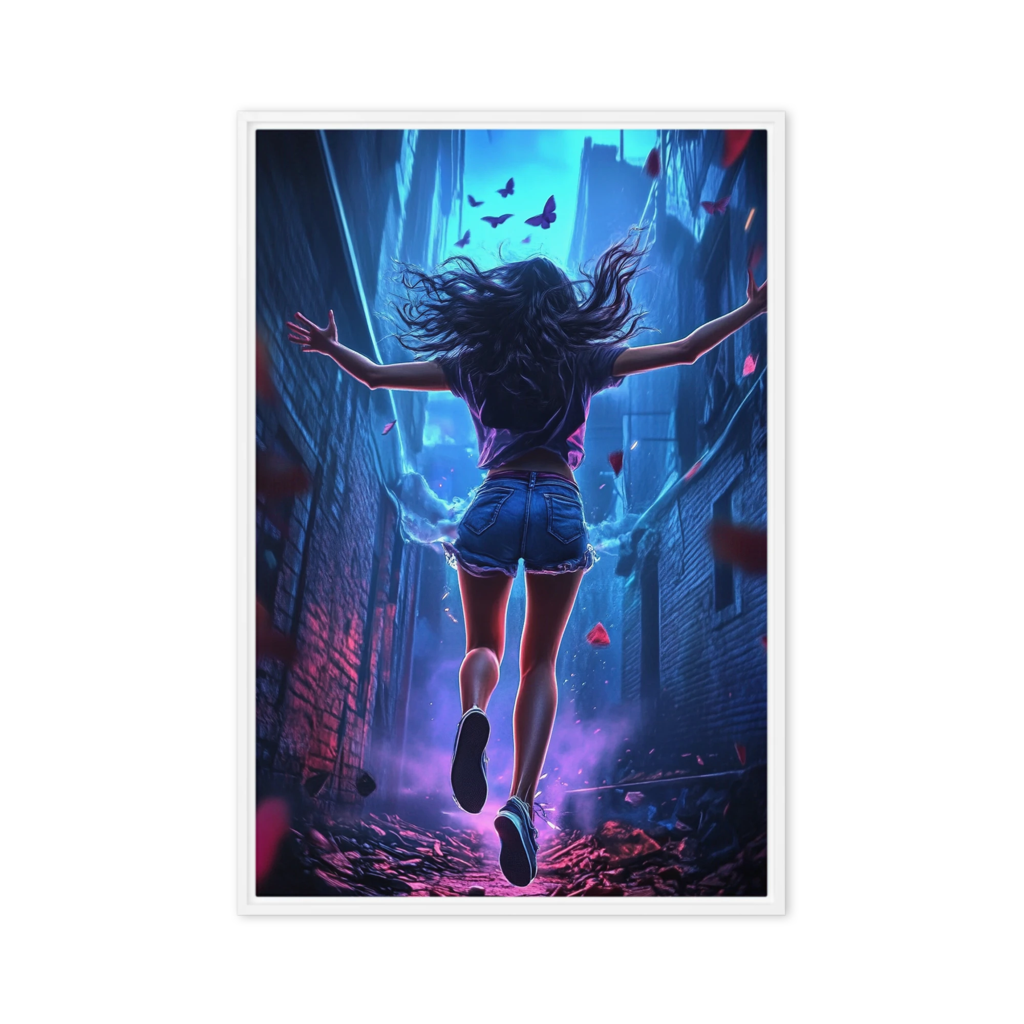 Female Figure Running in Vibrant Alley