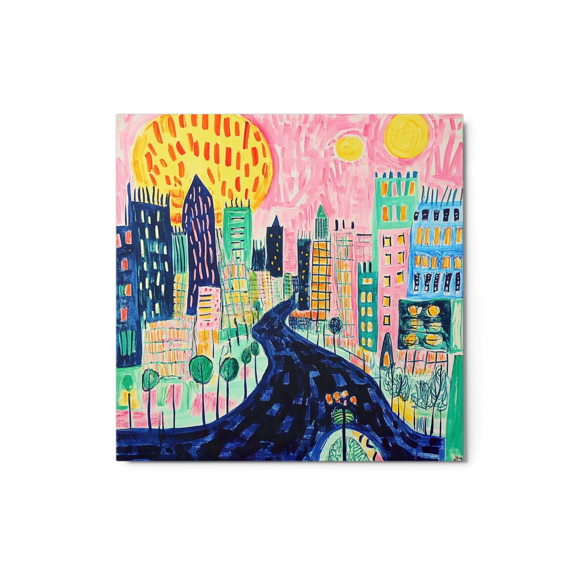Colorful Cityscape with Sun