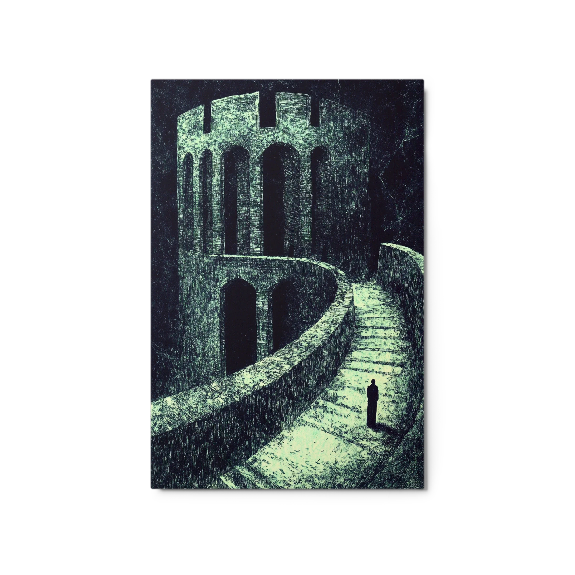 Surrealist Ink Drawing of Tower and Figure
