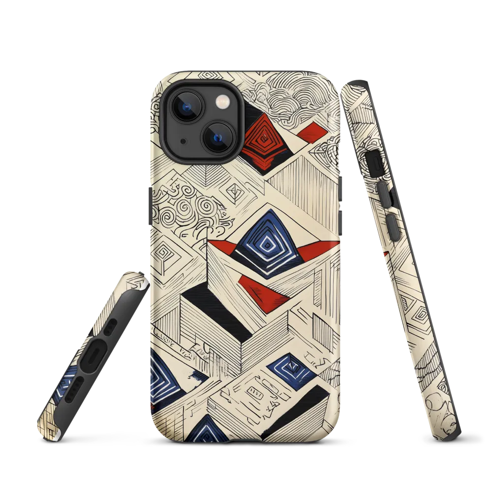 Geometric Ink Drawing with Red and Blue Accents | Phone Case