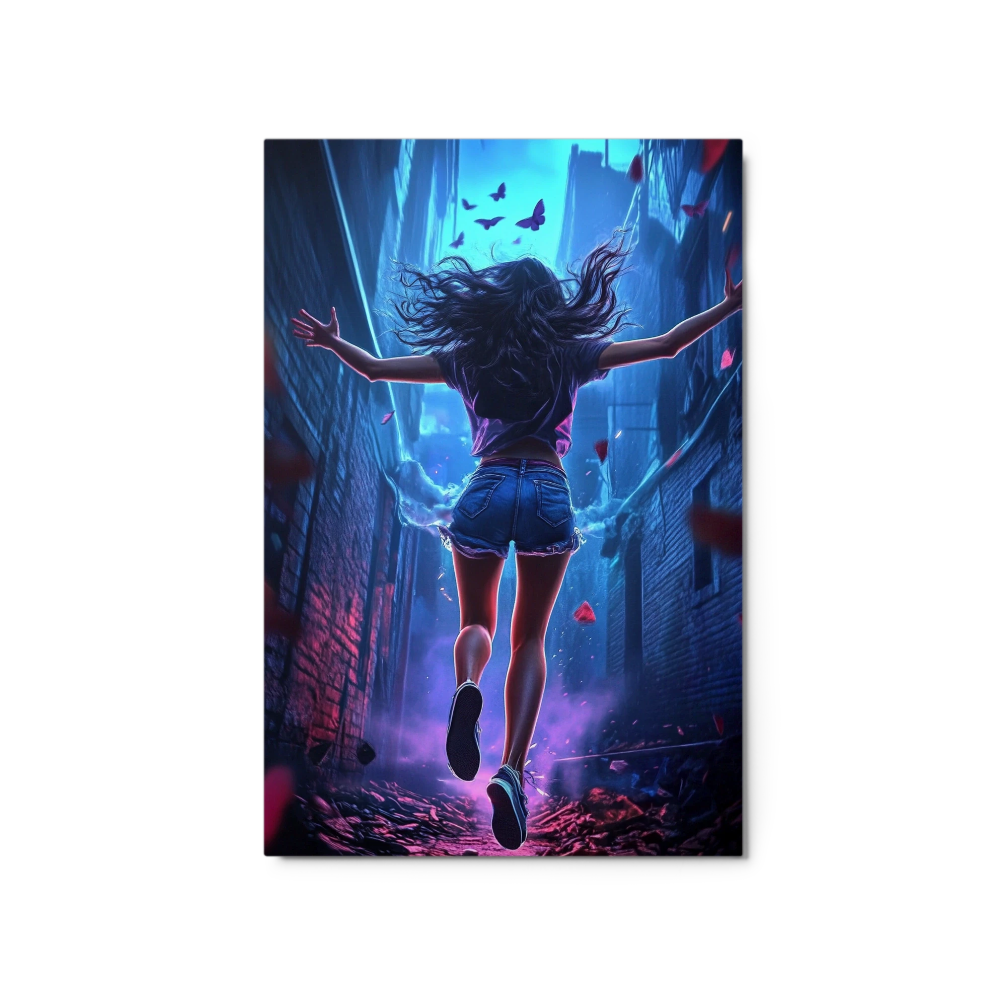 Female Figure Running in Vibrant Alley