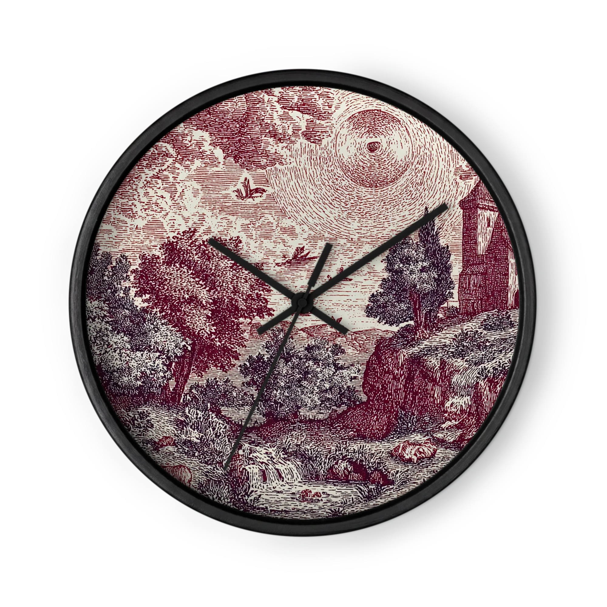 Crimson Etching Revival Clocks — Oxblood Line On Cream
