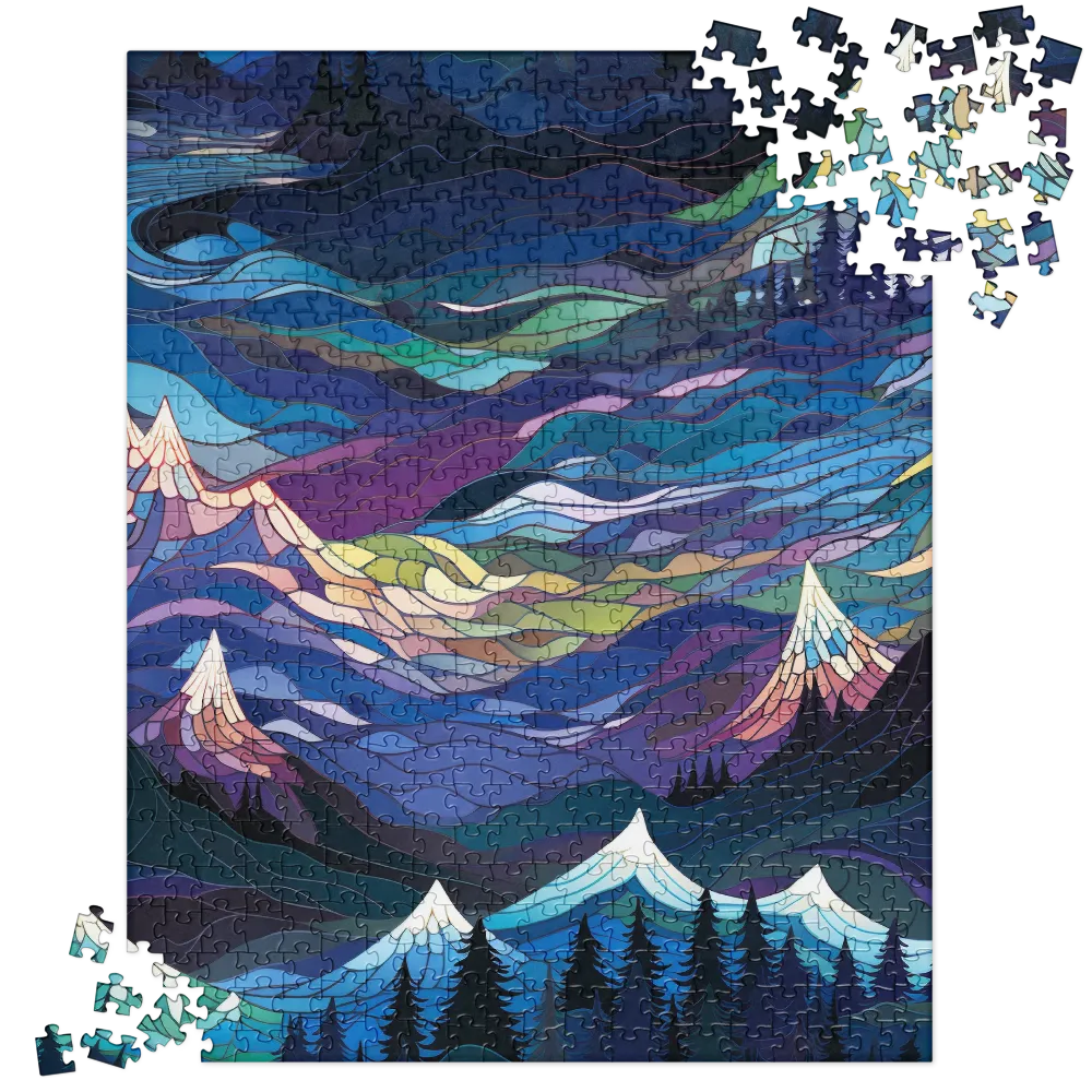 Stained Glass Mountainscape 
 Jigsaw Puzzle in Tin Box