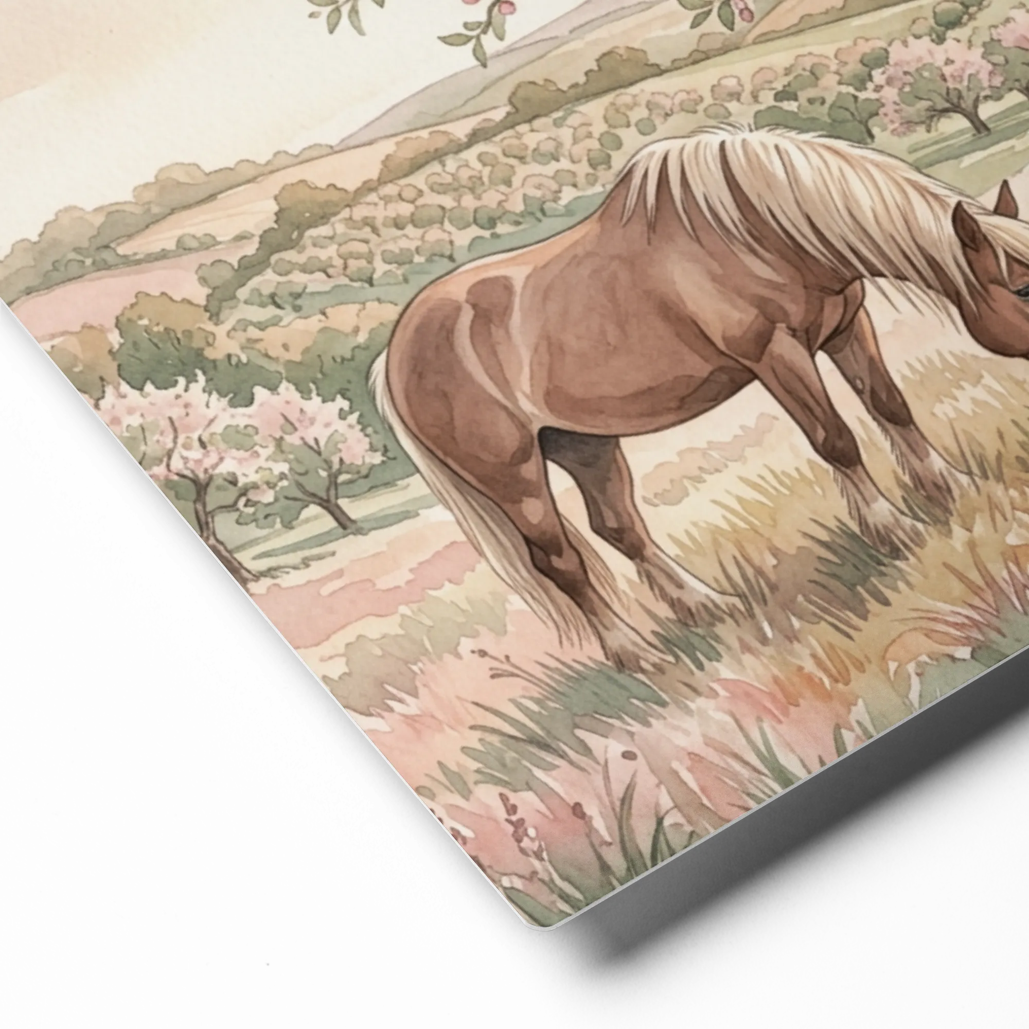 Spring Meadow Horse 
 Paper Print With Red oak Frame & Mat | 18″x 24″