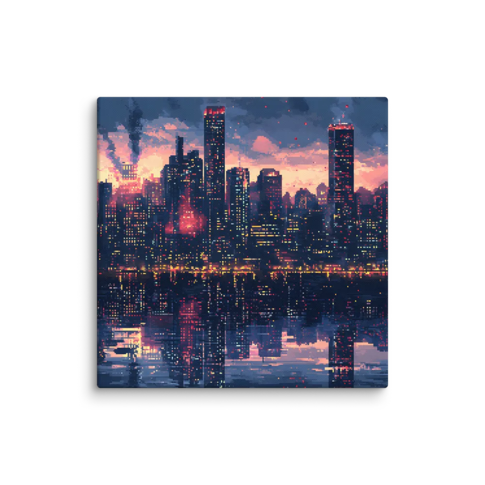 Twilight Pixel Cityscape 
 Canvas | 30″x 30″