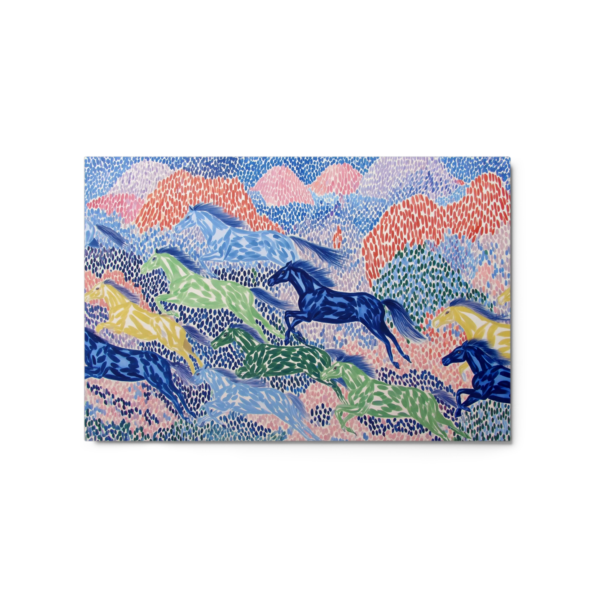 Galloping Horses in Pointillist Landscape