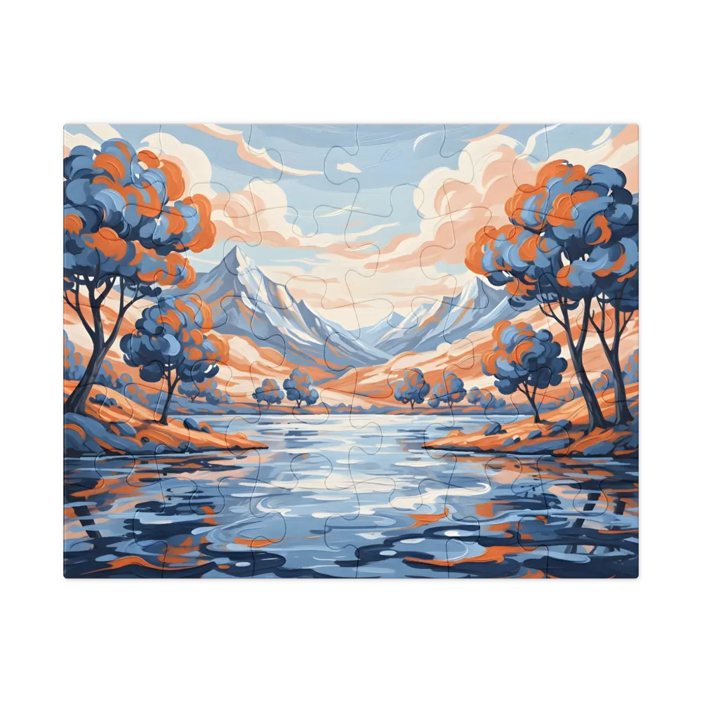 Stylized Lake Landscape 
 Jigsaw Puzzle in Tin Box