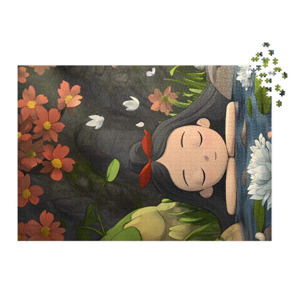 Serene Girl by Water with Flowers