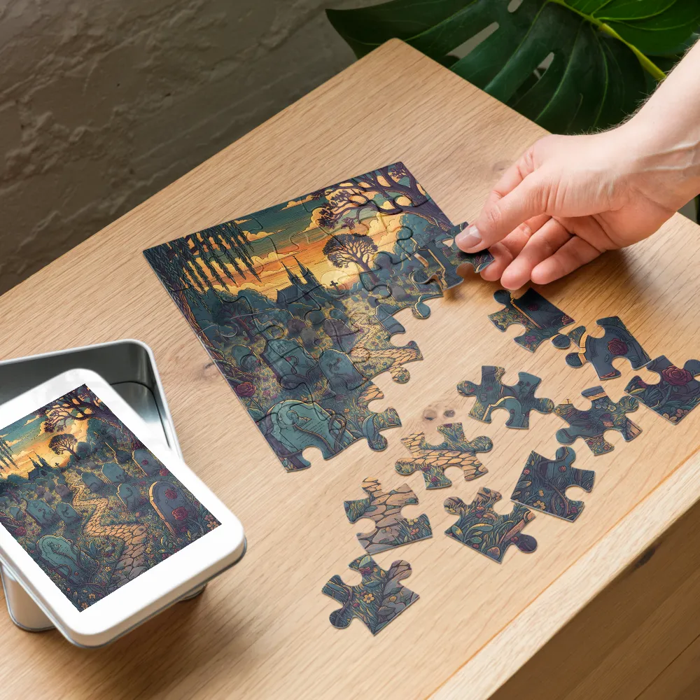 Sunset Graveyard Illustration 
 Jigsaw Puzzle in Tin Box