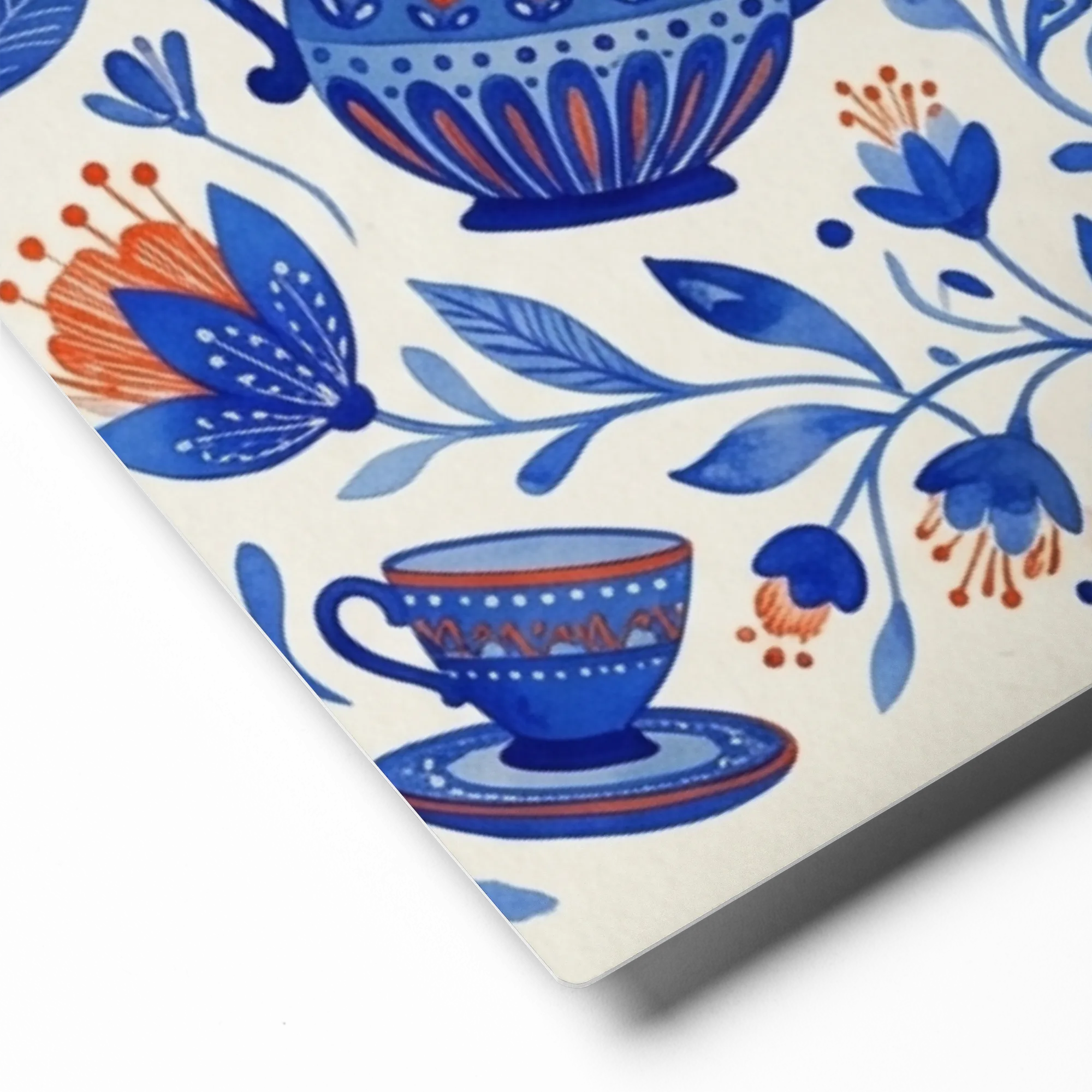 Blue Folk Teaware 
 Paper Print With Red oak Frame & Mat | 18″x 24″