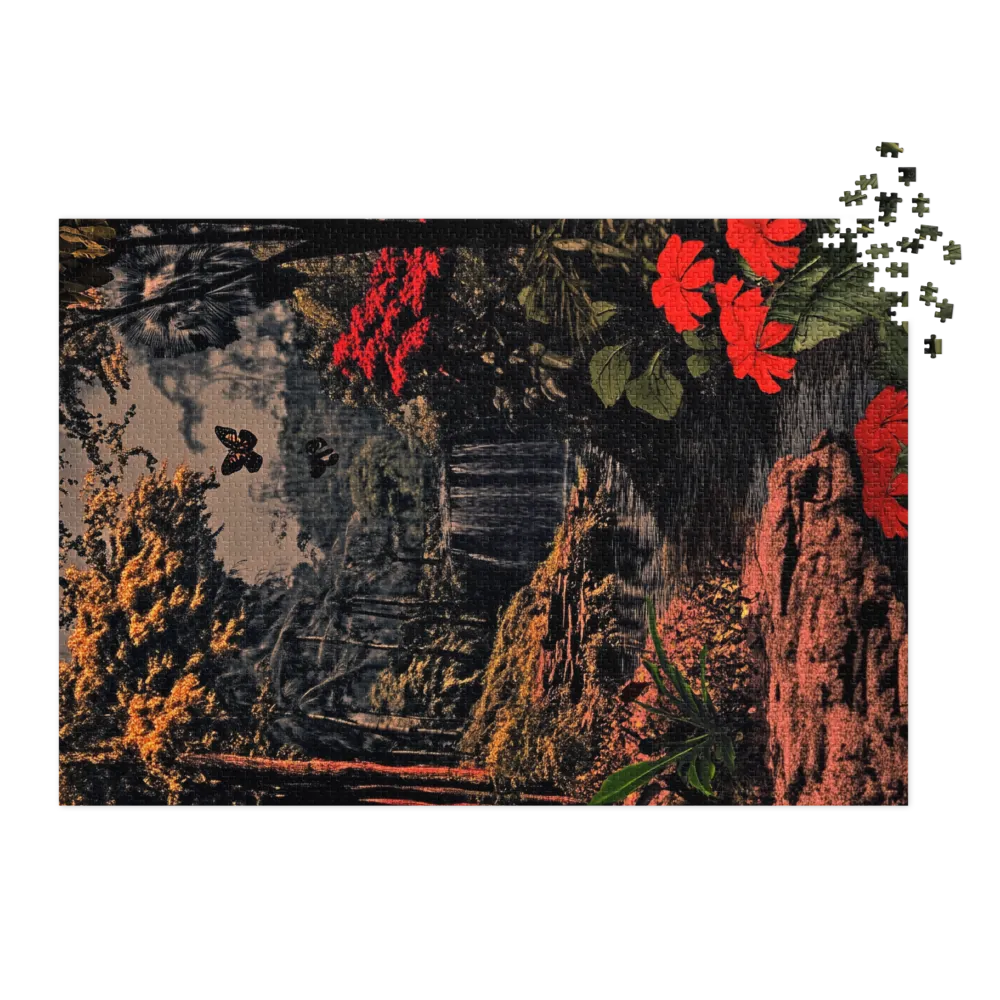 Surreal Waterfall Landscape with Flowers