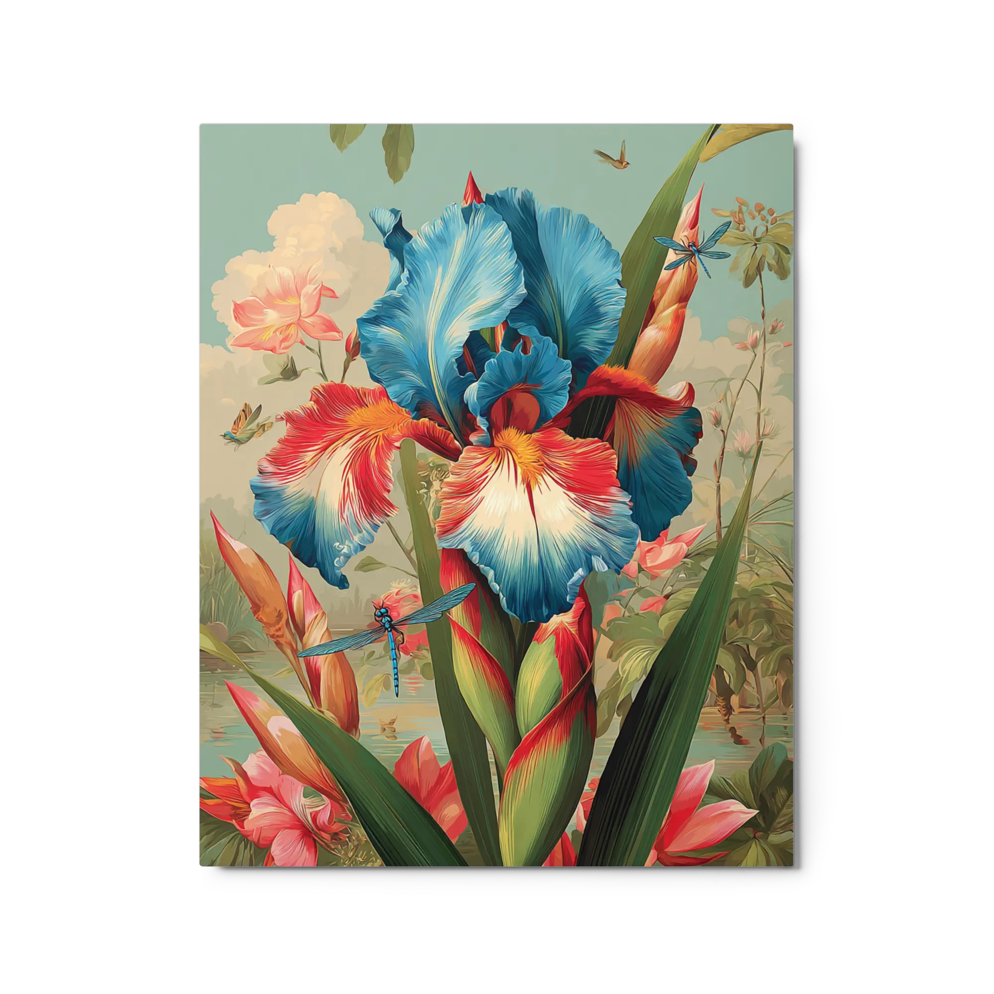 The Blue Iris and Dragonflies 
 Canvas with Brown Frame
